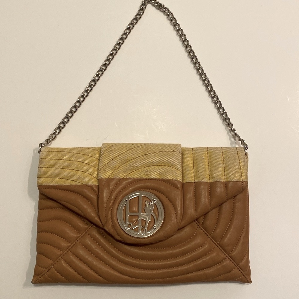 Henri Bendel Tan Leather and Metallic Gold Clutch with Chain